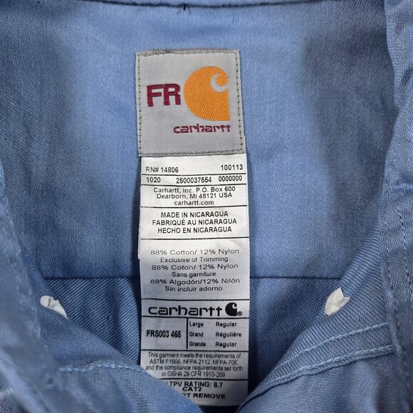 Carhartt Flame Resistant Dry Twill Long Sleeve Blue Work Shirt Men's Size Large - Picture 2 of 6